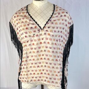 Skies Are Blue Sheer Fringe Pink Elephant Top Sleeveless Size Medium New